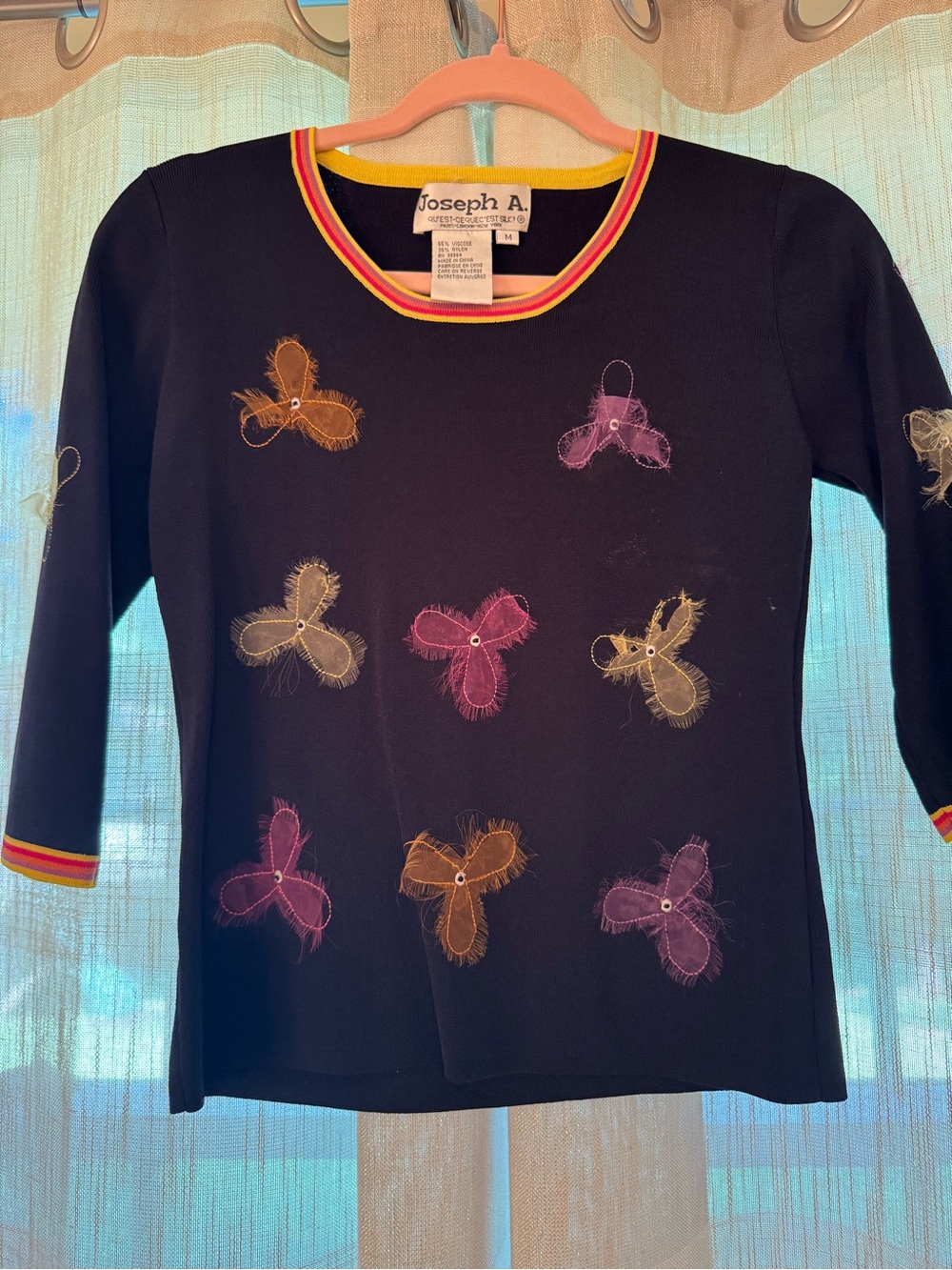 Joseph A Black Long Sleeve Top with Pink, Gold & Purple Butterfly Appliqués
